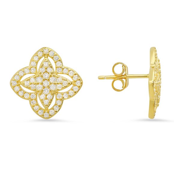 925 Silver/Gold Pave Diamond CZ Floral Stud Earrings - Picture 3 of 5